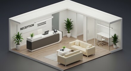 Isometric Office Reception Area with Waiting Room and Meeting Space