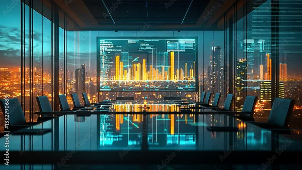 Poster modern conference room with data analytics display and city skyline at twilight