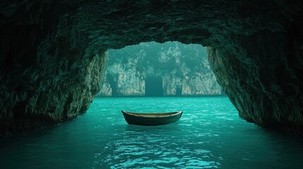 Fototapeta na wymiar Secluded Serenity: A Lone Boat in a Mystical Sea Cave