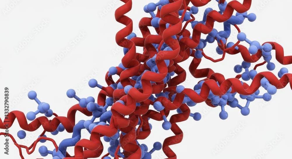 Poster up close view of red and blue molecular structure - abstract science depicting a complex molecular s