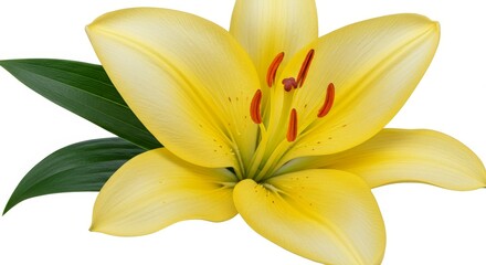 Up View of a Vibrant Yellow Lily Blossom with Green Leaves - A single yellow lily, vibrant and full, with lush green leaves, symbolizes purity, beauty, hope, new beginnings, and elegance