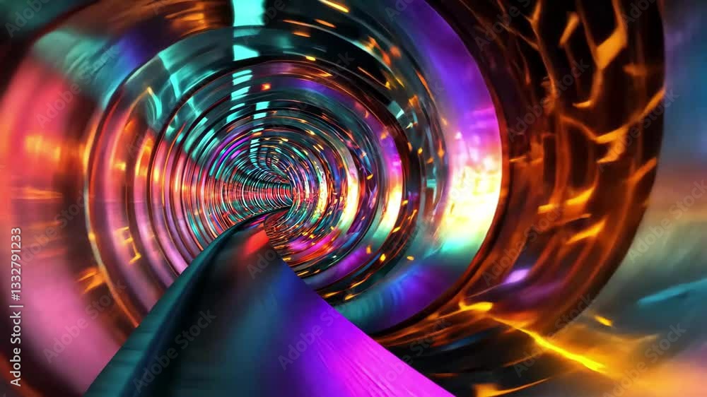 Poster Neon digital tunnel with vibrant shapes moving through a futuristic landscape, neon digital tunnel over shapes moving