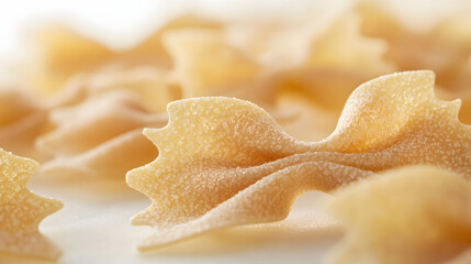 Fototapeta premium A close-up image of farfalle pasta with focus on the unique bow tie shape and fine texture, set against a soft white backdrop.