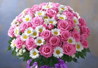 Vibrant Floral Arrangement of Pink Roses and White Daisies with Green Foliage on Soft Blue Background for Celebrations and Special Occasions