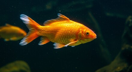 Fototapeta premium Vibrant Orange Goldfish in Dark Water - A single, bright orange goldfish swims in dark water, its fins elegantly spread. A blurry goldfish is visible in the background