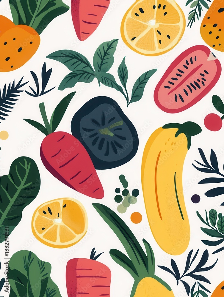 Aufkleber Bright and colorful seamless pattern of fresh fruits and vegetables in modern flat design for creative projects and backgrounds