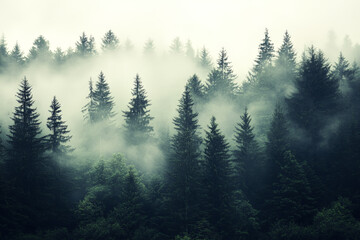 Misty landscape with mountains and dark moody fir forest in hipster vintage retro style