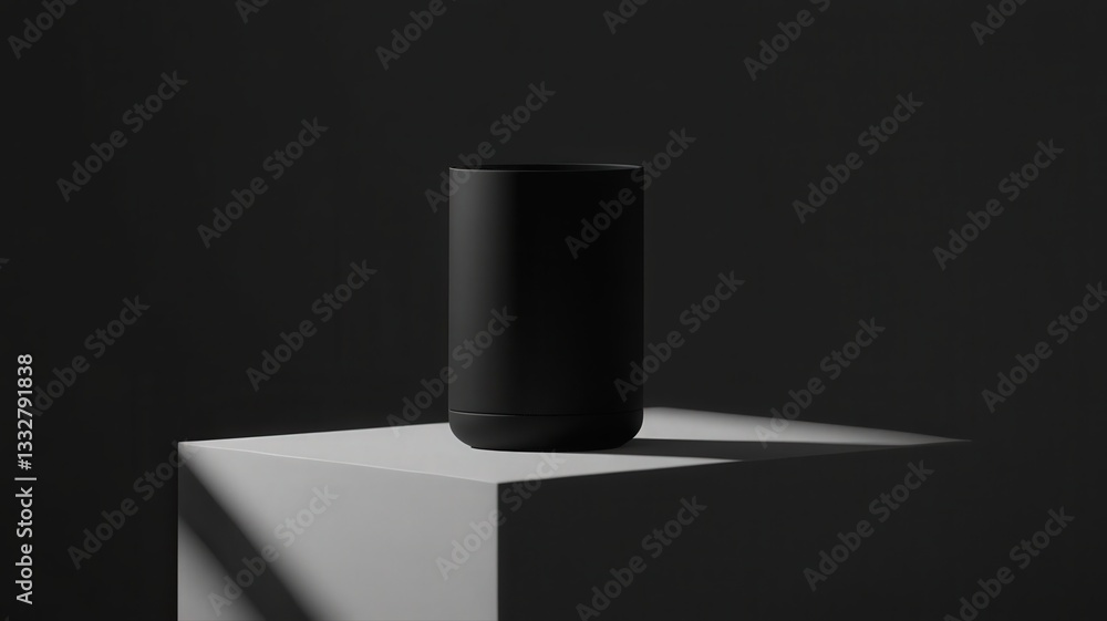 Poster black cylindrical object on white cube in dark studio setting