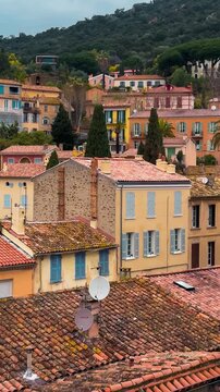 Route du Mimosa - mimosa road on the French Riviera. Medieval town of Bormes-les-Mimosas, France February 25, 2025. High quality 4k footage