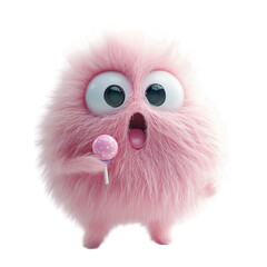 Pink Furry Monster with Surprised Expression Isolated on Transparent Background