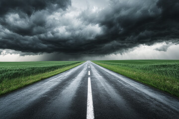 Naklejka premium Straight highway road with black rain clouds, natural summer landscape, dramatic sky