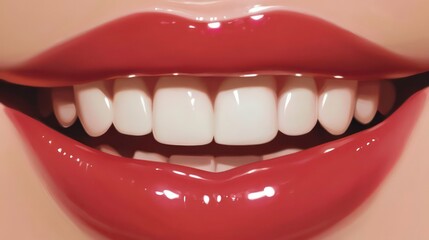 Woman's Smiling Mouth with Red Lips, Healthy Teeth, Close-up, Illustration, Dental Care