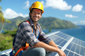 Smiling Hispanic male technician in safety gear working with solar panels under a clear blue sky.