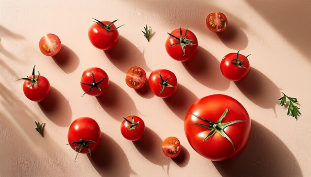 Tomatoes scattered on beige kitchen table, light and shadows, food background flat lay- 293