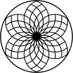 Geometric black outline shapes, flower-like with petals created from interlocking curved lines contained within circular border.