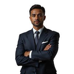 Indian businessman with arms crossed, Indian corporate employee executive in suit with arms crossed, Indian Asian entrepreneur with arms crossed in formal suit