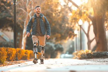A young, Caucasian man with prosthetic legs walks confidently in a sunlit park, showcasing resilience and positivity.