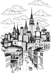Obraz premium City landscape. Line urban backdrop. Different buildings on street, outline cityscape hand sketch, flat houses. Hand drawn vector illustration