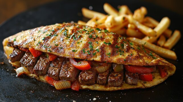 Steak and Pepper Omelette with French Fries