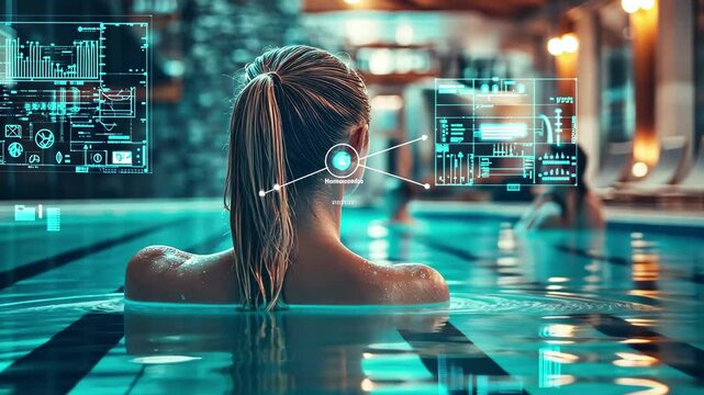 Data processing and diagrams overlay on a caucasian female in a tranquil indoor pool setting, data processing and diagrams over caucasian female friends in swimming pool - Powered by Adobe