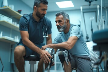 A male healthcare professional assists an elderly man with a prosthetic leg in a clinical setting.