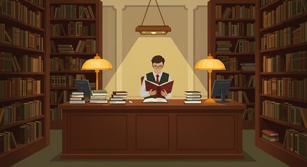 Man Reading Book at Desk Surrounded by Bookshelves in Library
