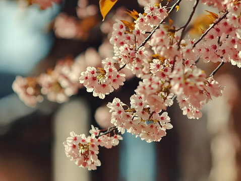Cherry blossom branches in full bloom during spring, capturing delicate pink flowers against a blurred background