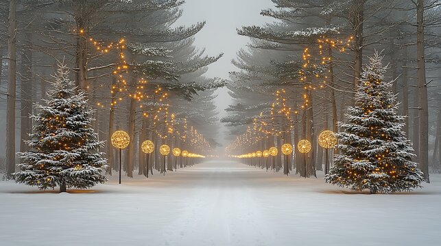 A snowy forest path lined with christmas lights during winter