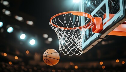 Fototapeta premium A basketball soaring towards the net on a brightly lit court