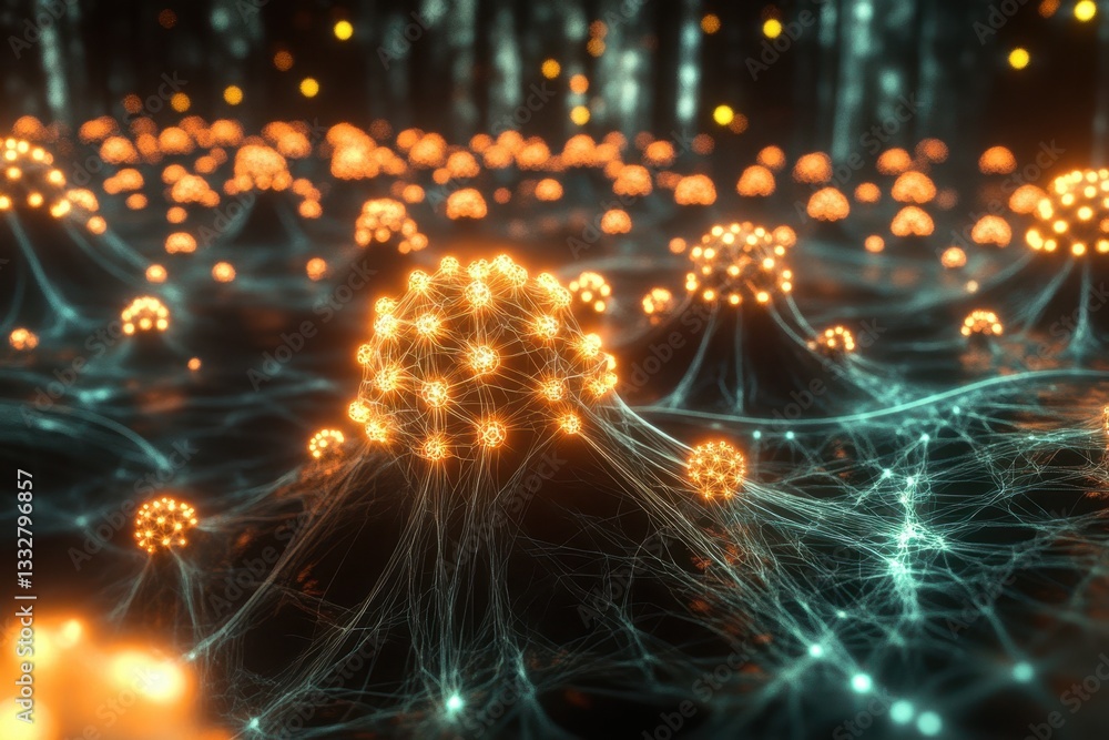 Aufkleber colorful glowing networks of interconnected nodes in a dark, abstract environment