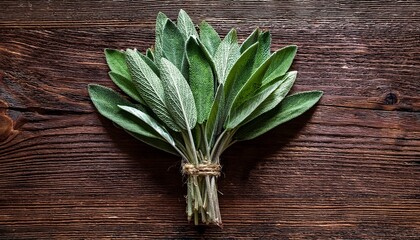 Sage leaves tied with hempstring on wooden table, herbs flat lay, overhead view- 64258