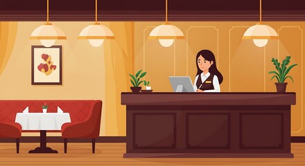 Waitress Working at Restaurant Reception Counter with Computer and Plants