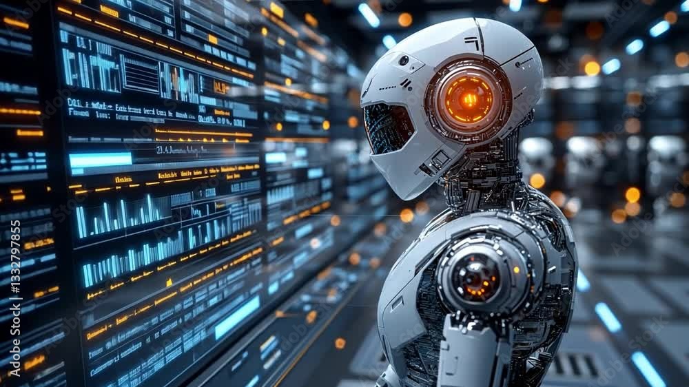 Aufkleber a humanoid robot interacts with a digital interface in a futuristic lab environment at night