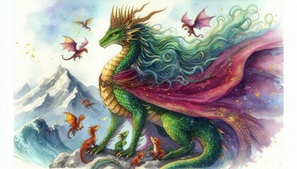 Obraz premium Epic confrontation majestic dragon and tiny dragons in a surreal digital fantasy realm