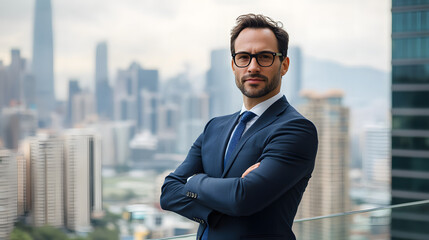 A confident businessman standing with arms crossed, city skyline in background.