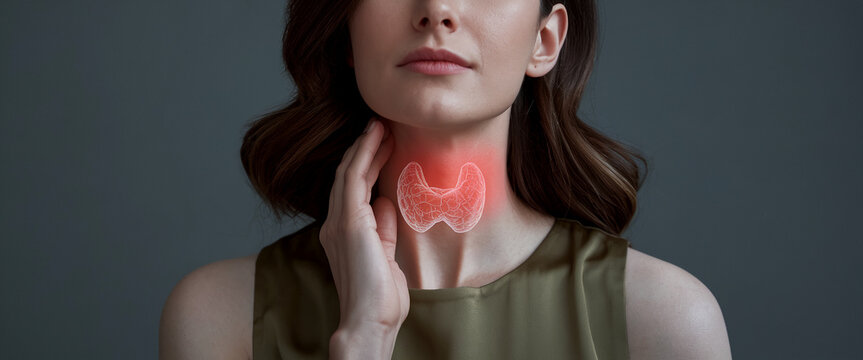 Woman's neck with highlighted thyroid gland, illustrating medical concept.  Image showcases thyroid health and potential issues.  Useful for awareness campaigns.