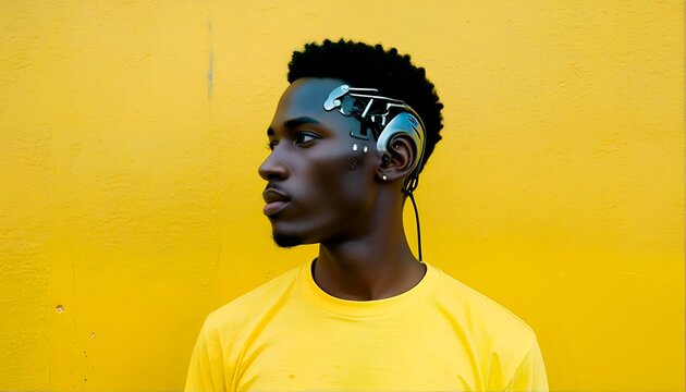 black man with robotic earpiece.