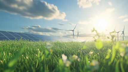 A green field with solar panels and windmills under a blue sky