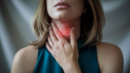 Close-up of woman's neck, hand gently touching throat area, highlighted thyroid gland illustration suggesting discomfort, representing health, medical, or wellness concept