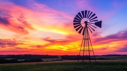 Scenic sunset landscape with a rustic windmill silhouette in a rural field