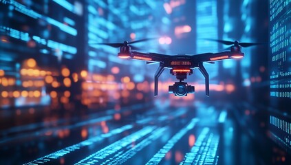 Drone flying over futuristic city in digital code background; stock photo of advanced technology and urban environment