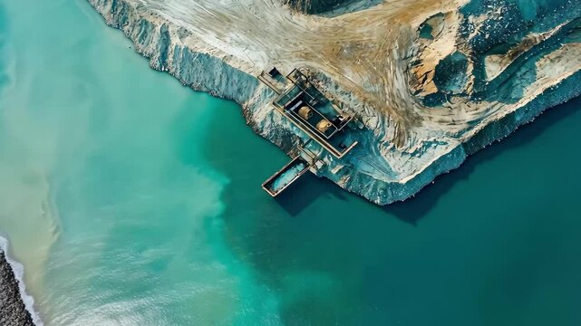 Aerial view reveals striking landscape of lithium mine with water body and mining structures, Aerial view of a lithium mine