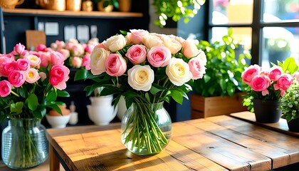 Obraz premium Bouquets of Pink and White Roses on Wood Table.