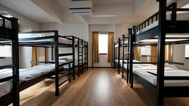 Hostel with bunk beds.