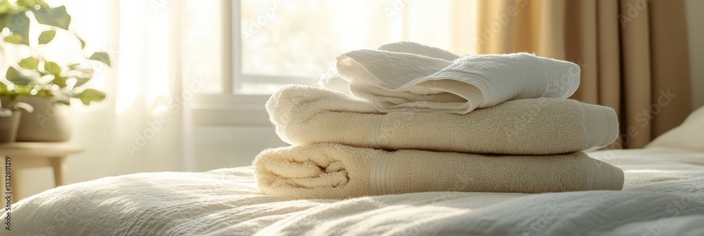 Fototapete cozy bedroom with freshly washed towels and linens bathed in soft light creating a warm and inviting