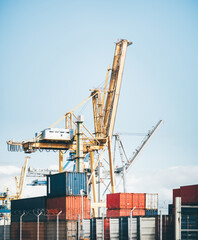 Industrial shipping port with towering yellow gantry cranes handling stacked red, blue, and white...