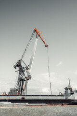 Fototapeta premium A large industrial crane with an orange and gray structure stands at a shipping dock, towering over a cargo vessel. The sky is overcast, creating a moody, desaturated scene; vertical composition