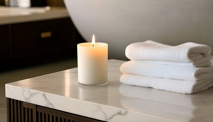 A stack of white towels sits on a bathroom counter next to a lit candle.