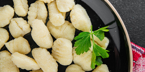 Gnocchi tasty fresh gourmet food background table rustic food top view copy space keto and paleo diet vegetarian and vegan food