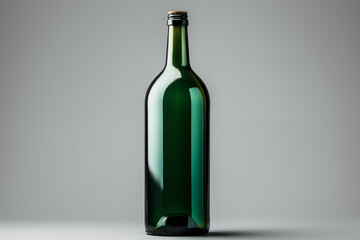Green glass bottle with a cork on a simple grey background. The minimalist design highlights the bottle's curves and reflections, suitable for product advertising.